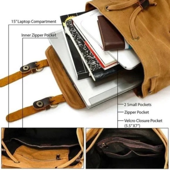 New 21L Vintage Canvas Backpack Yellow - Picture 4 of 5